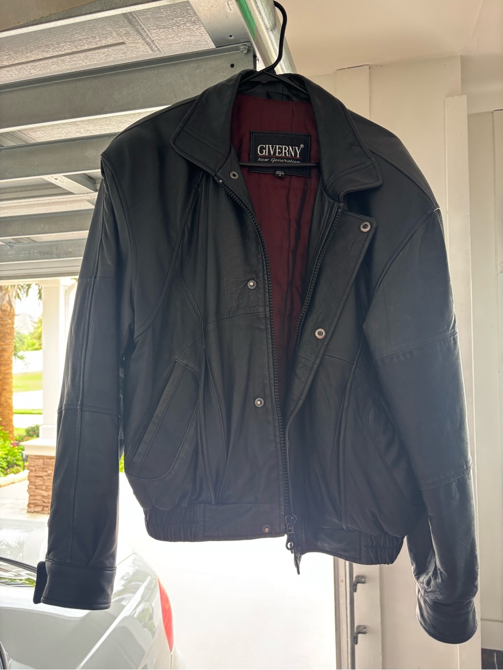 Men's Black Leather Bomber Jacket with Burgundy Lining